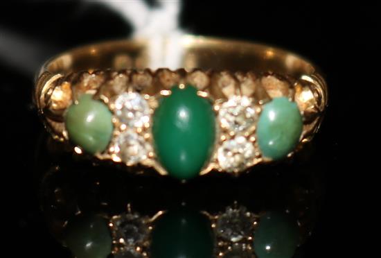 A late Victorian 18ct gold, turquoise? and diamond half hoop ring, size M.